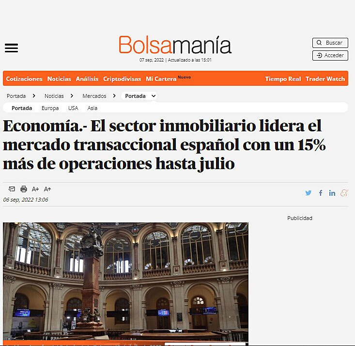 Economa.- El sector inmobiliario lidera el mercado transaccional espaol con un 15% ms de operaciones hasta julio